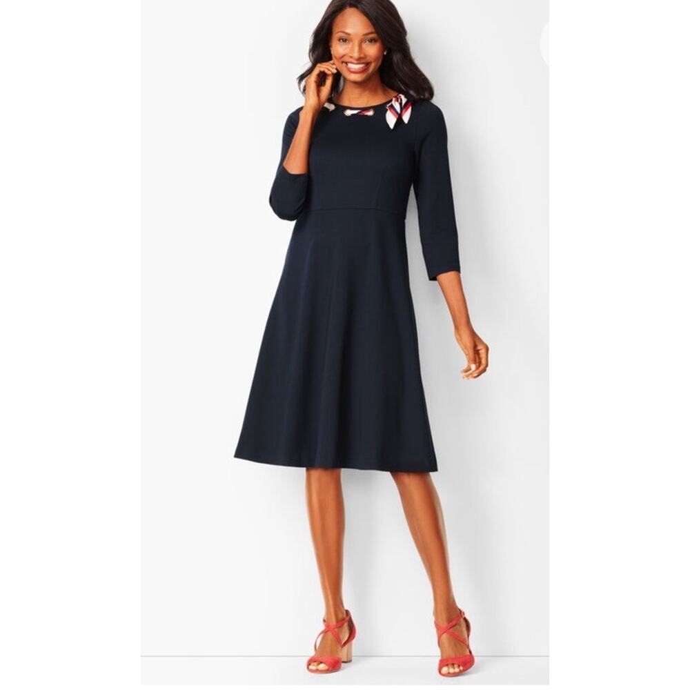NWT Talbots Navy Blue Dress Ponte Fit and Flare Scarf Neck Trim 12P Nautical